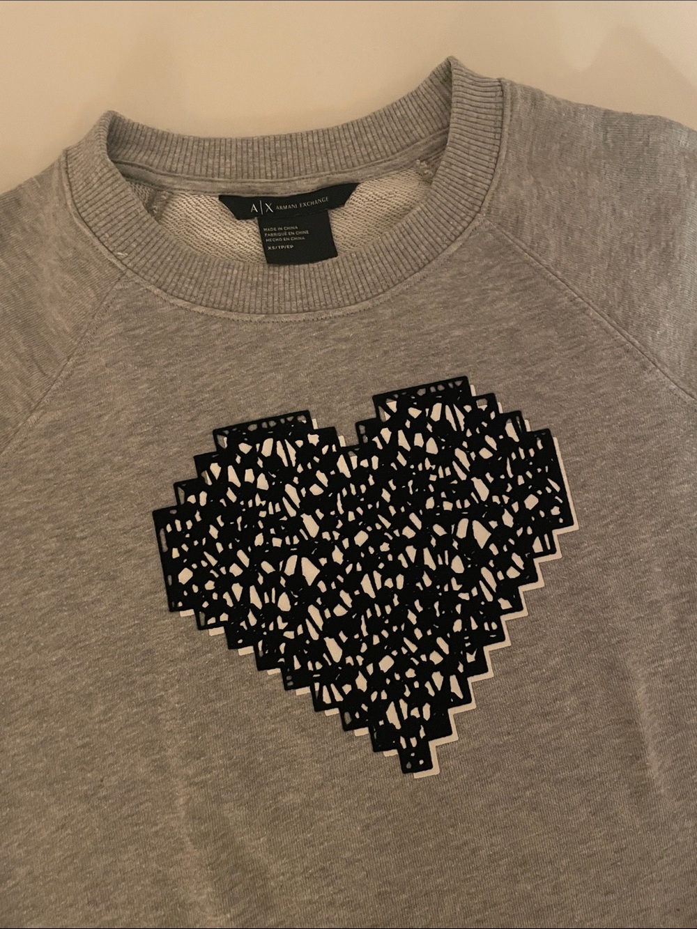 A/X Armani Exchange Light Grey Crewneck Sweatshirt with Black Heart Womens XS